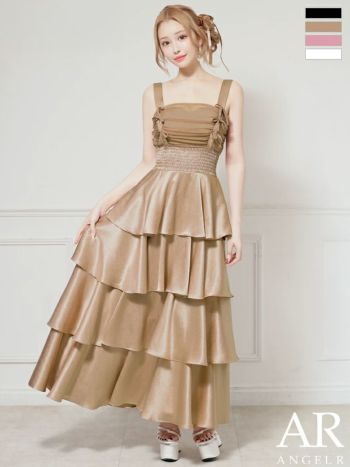 キャバドレス Angel R エンジェルアール リボン フリル ノースリーブ シャーリング ティアード フレアロングドレス
