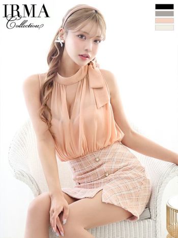 キャバドレス IRMA イルマ リボン シフォン バストカット パールボタン ノースリーブ チェック柄 サマーツイード タイトミニドレス 