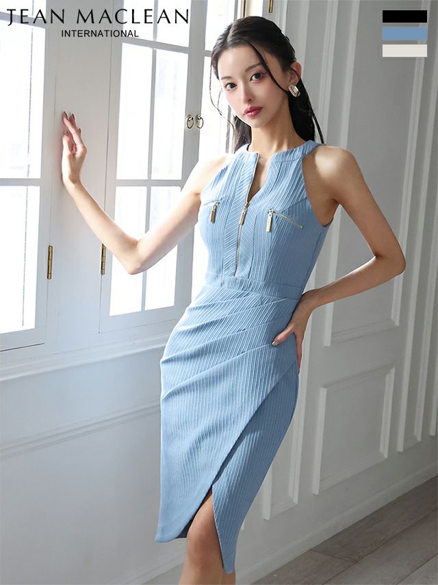 キャバドレス　JEANMACLEAN ジャンマクレーン ノースリーブ ジップデザイン スリット 柄織りニット タイト 膝丈ドレス