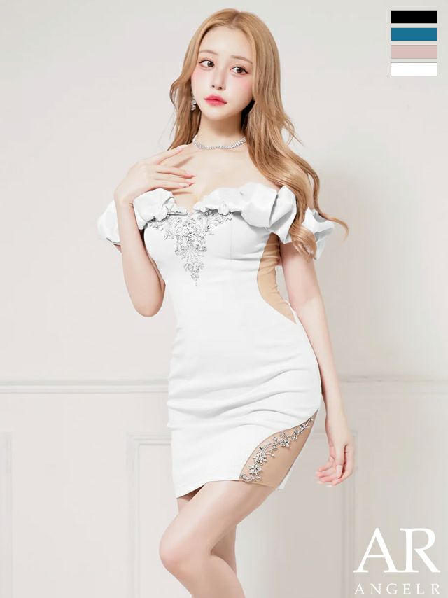 キャバドレス Angel R エンジェルアール オフショルダー 肩あき くびれ透け メッシュ サテン ビジュー フェミニン タイトミニドレス