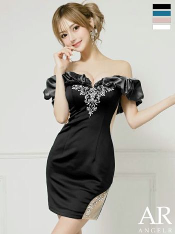 キャバドレス Angel R エンジェルアール くびれ透け メッシュ サテン ビジュー フェミニン オフショルダー 肩あき タイトミニドレス