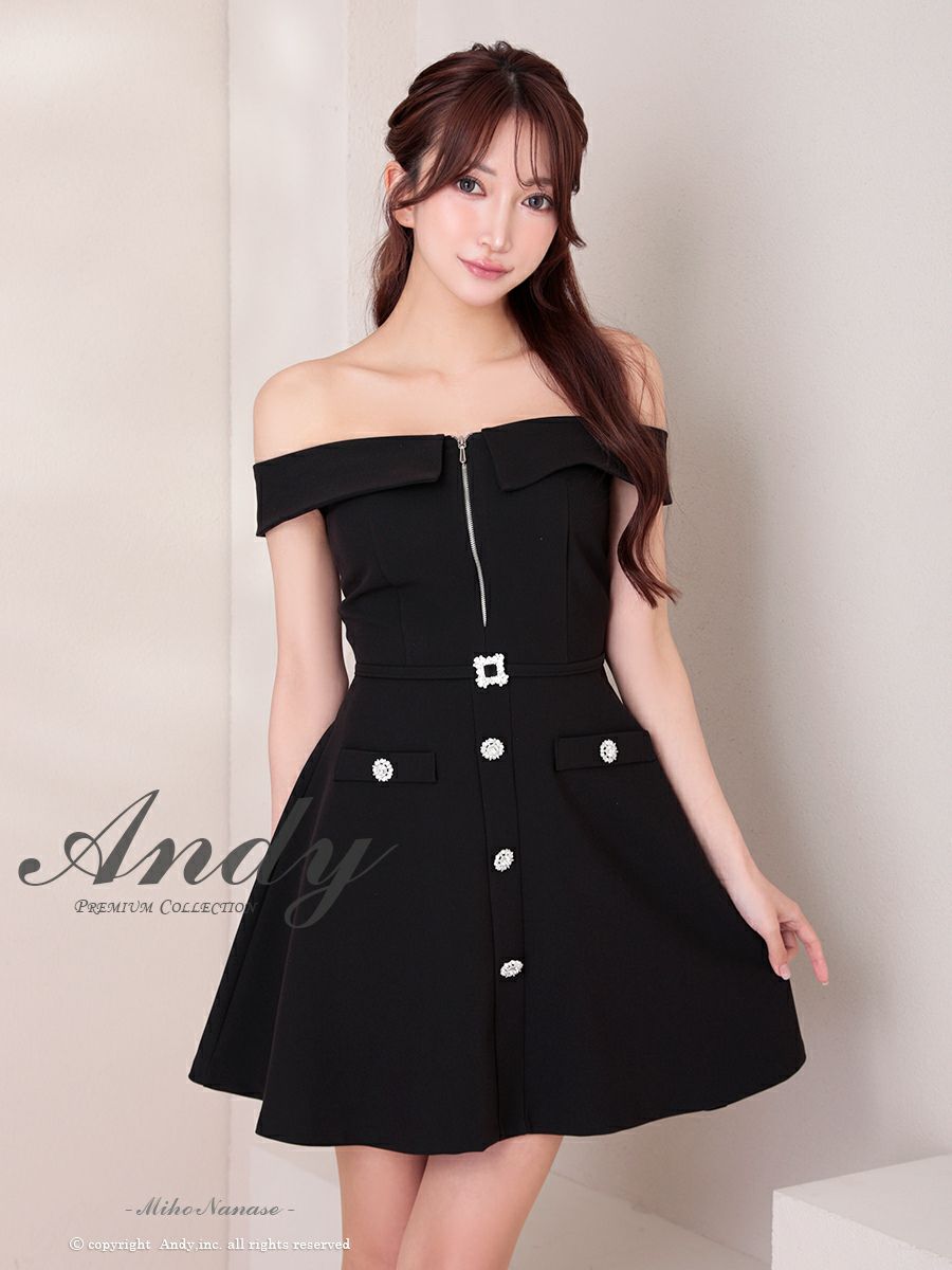 キャバドレス Andy アンディ ベルトデザイン ジップデザイン オフショル 飾りボタン スクエアネック ビジューボタン フレアミニドレス