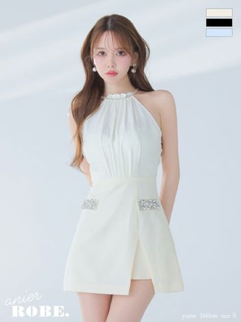 キャバドレス anier.ROBE アニエルローブ サテン ビジュー ホルターネック バックオープン シフォン タイトミニドレス