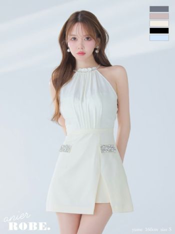 キャバドレス anier.ROBE アニエルローブ サテン ビジュー ホルターネック バックオープン シフォン タイトミニドレス