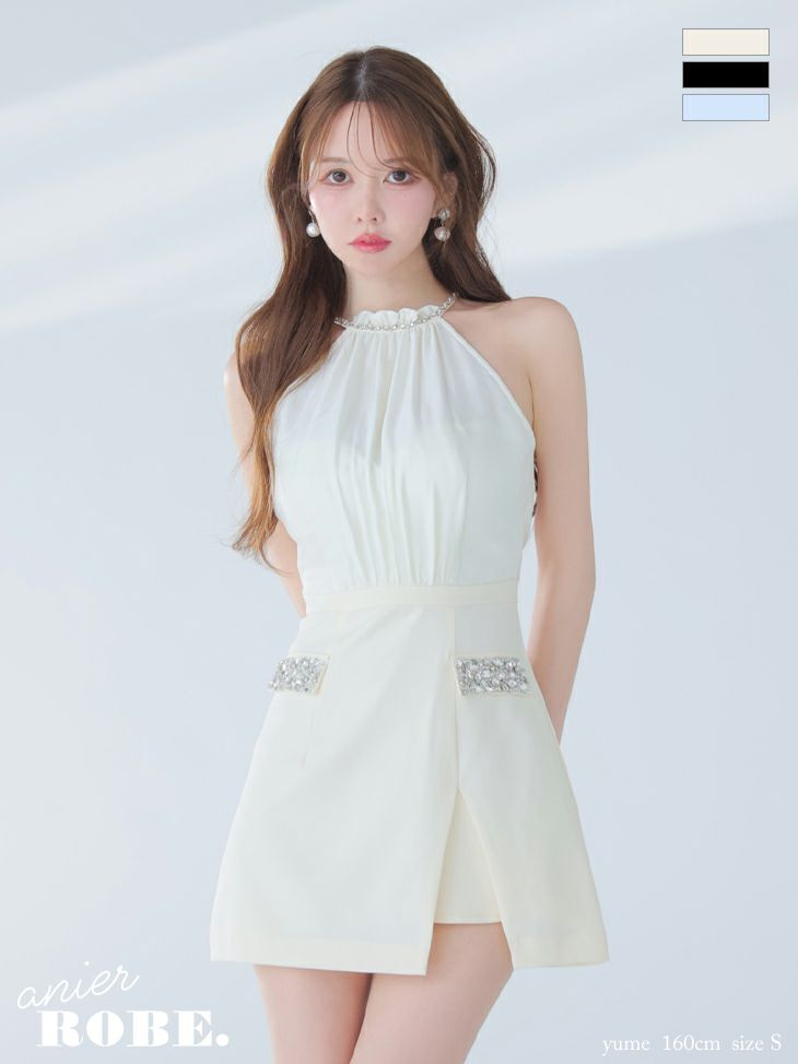 キャバドレス anier.ROBE アニエルローブ サテン ビジュー ホルターネック バックオープン シフォン タイトミニドレス