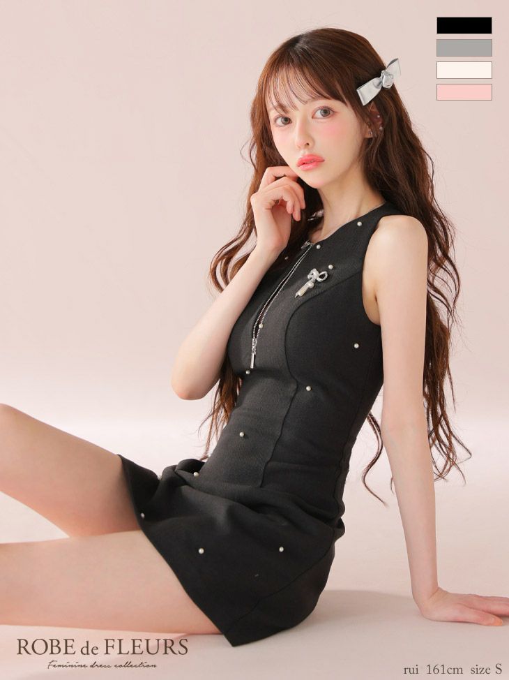 キャバドレス ROBEdeFLEURS ローブドフルール ノースリーブ　ジップデザイン リボン パール ビジュー フレアミニドレス