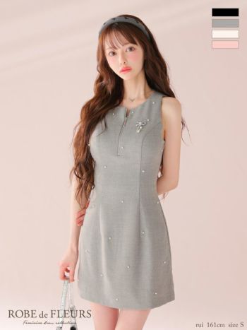 キャバドレス ROBEdeFLEURS ローブドフルール ジップデザイン ビジュー リボン ノースリーブ　パール フレアミニドレス