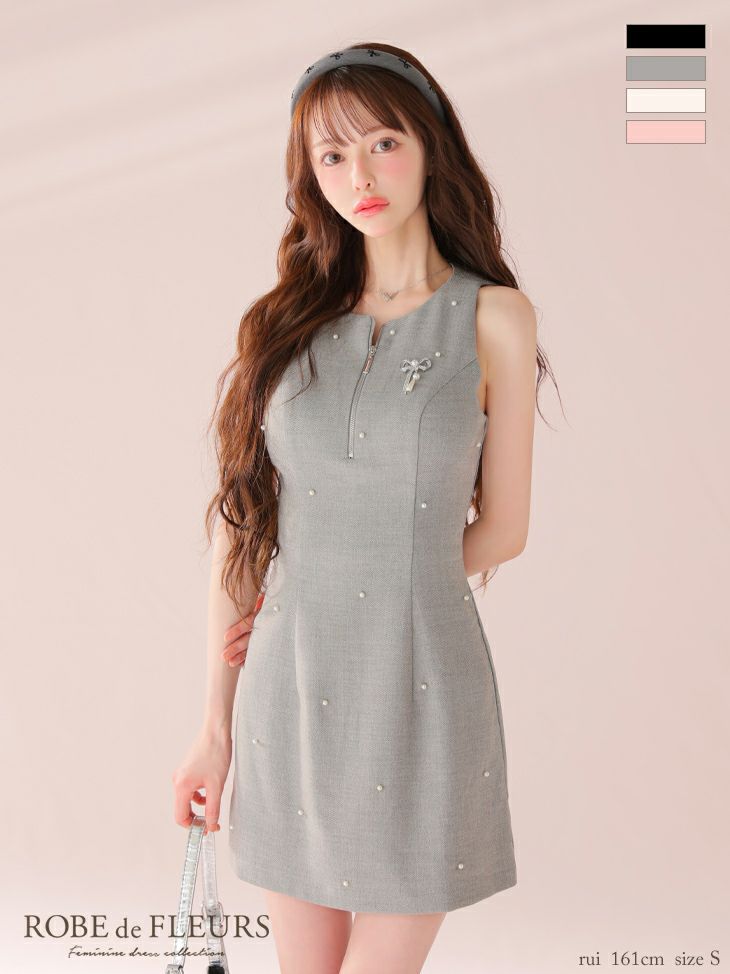 キャバドレス ROBEdeFLEURS ローブドフルール ジップデザイン ビジュー リボン ノースリーブ　パール フレアミニドレス