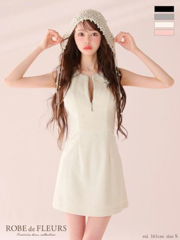 キャバドレス ROBEdeFLEURS ローブドフルール ビジュー リボン ジップデザイン パール ノースリーブ フレアミニドレス