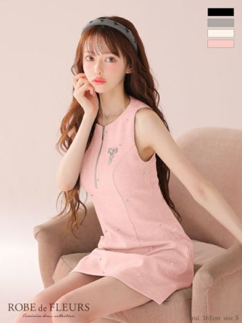 キャバドレス ROBEdeFLEURS ローブドフルール 】パール ノースリーブ ビジュー リボン ジップデザイン フレアミニドレス