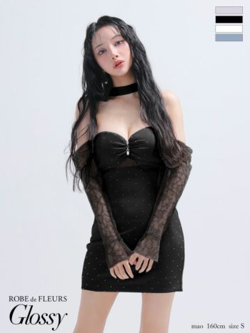 キャバドレス Glossy ROBE de FLEURS グロッシー ローブドフルール ホルターネック レース ベア ジップデザイン チョーカー風 長袖 タイトミニドレス 