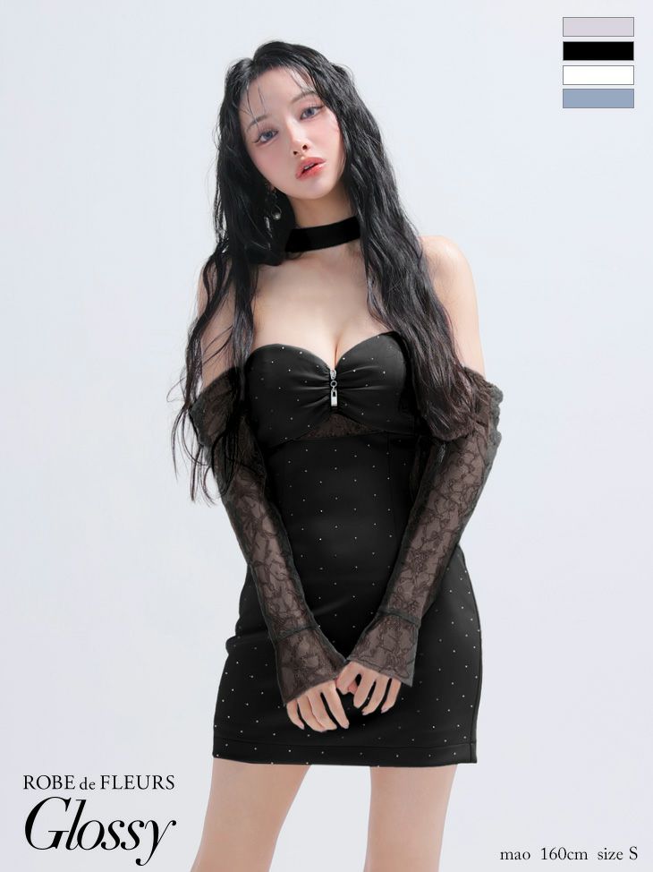 キャバドレス Glossy ROBE de FLEURS グロッシー ローブドフルール ホルターネック レース ベア ジップデザイン チョーカー風 長袖 タイトミニドレス 