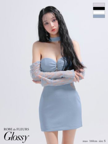 キャバドレス Glossy  ROBE de FLEURS グロッシー ローブドフルール チョーカー風 ジップデザイン 長袖 ホルターネック レース ベア タイトミニドレス 