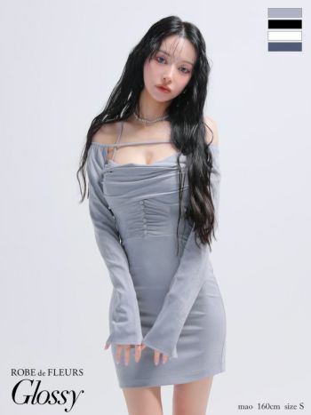 キャバドレス Glossy by ROBE de FLEURS グロッシー セクシー 2way ホルターネック オープンバスト スエード 長袖 ボレロ ギャザー タイトミニドレス