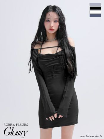 キャバドレス Glossy by ROBE de FLEURS グロッシー 2way ホルターネック オープンバスト スエード 長袖 ボレロ ギャザー セクシー タイトミニドレス