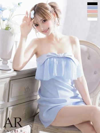 キャバドレス Angel R エンジェルアール フェミニン 2way ベアトップ キャミソール パールチェーン フリル リボン ビジュー フレアミニドレス