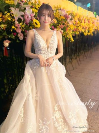 キャバドレス PREMIUM Andy ノースリーブ フラワー 刺繍 シースルー レースアップ バースデー Aラインロングドレス