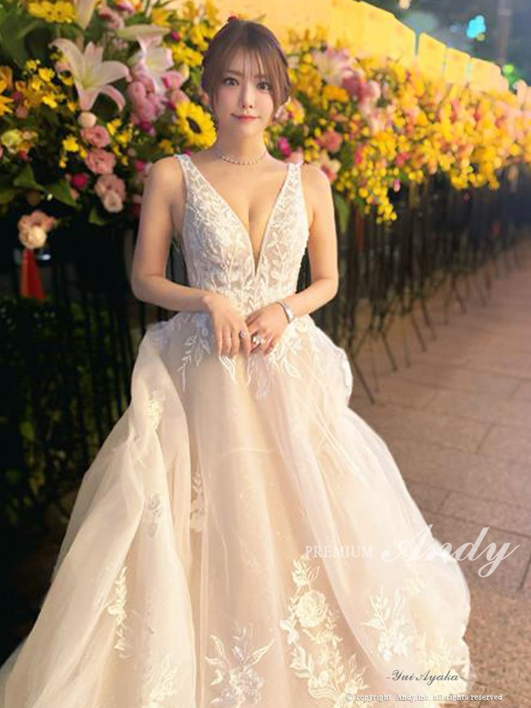 キャバドレス PREMIUM Andy ノースリーブ フラワー 刺繍 シースルー レースアップ バースデー Aラインロングドレス