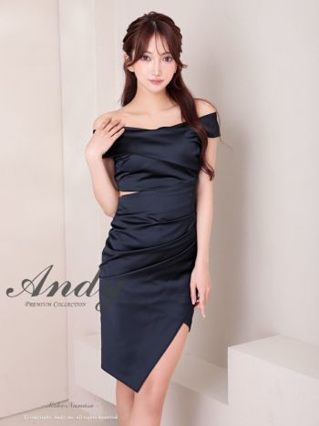 キャバドレス Andy アンディ ワンカラー サテン オフショル アシンメトリー タイトミニドレス