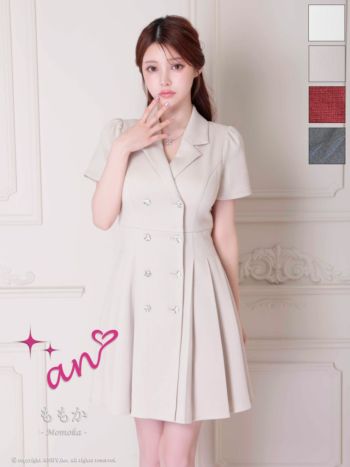 キャバドレス an アン 襟付き ビジューボタン ワンカラー プリーツ 半袖 フレアミニドレス