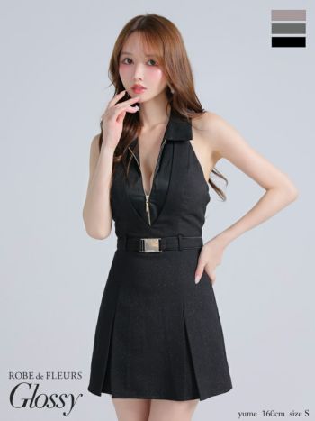 キャバドレス Glossy ROBE de FLEURS ジップデザイン ウエストベルト 襟付き ホルターネック セクシー フレアミニドレス