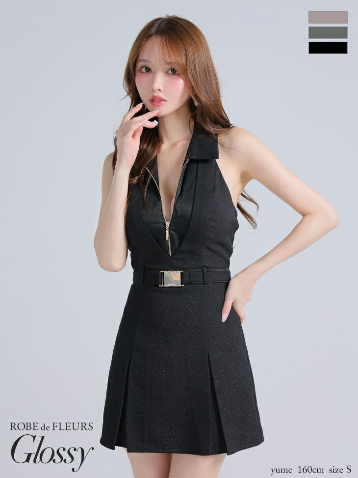 キャバドレス Glossy ROBE de FLEURS ジップデザイン ウエストベルト 襟付き ホルターネック セクシー フレアミニドレス