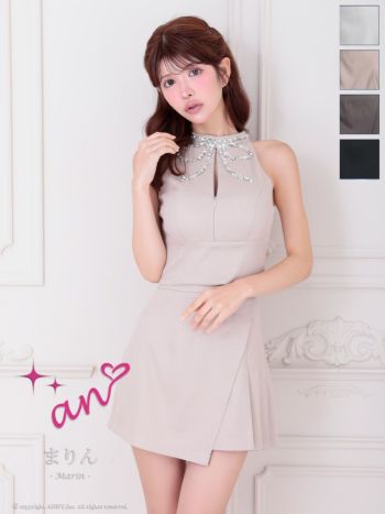 キャバドレス an アン スパンコール リボン ビジュー ワンカラー ハーフプリーツ ジップデザイン セットアップ ノースリーブ フレアミニドレス