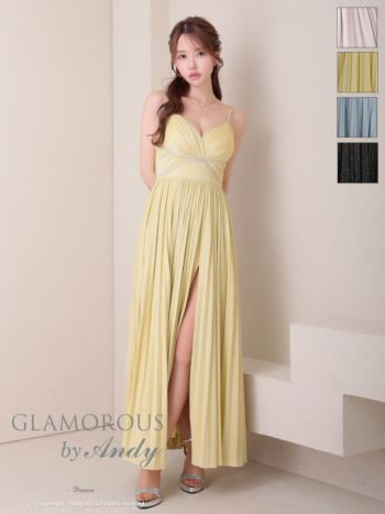 キャバドレス GLAMOROUS グラマラス キャミソール ビジュー ラメ スリット プリーツ Aラインロングドレス