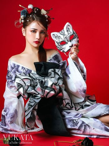 浴衣 白地 水彩 牡丹柄 2way 花魁ゆかた5点SET