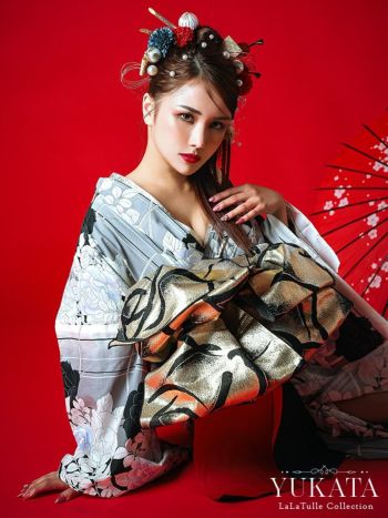 浴衣 モノトーン ローズ 縦縞 2way 花魁ゆかた5点SET