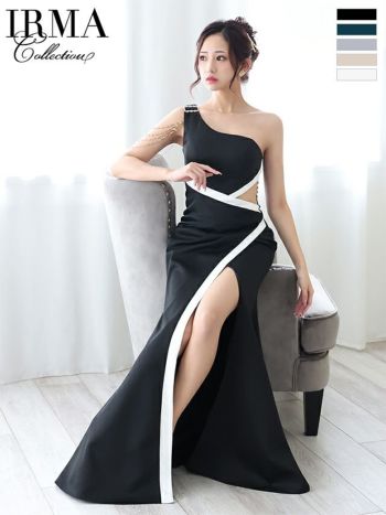 キャバドレス IRMA イルマ ワンショルダー スリット ショルダービジュー セクシー バイカラー タイトロングドレス