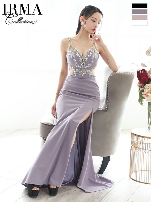 キャバドレス IRMA イルマ バックリボン ビジュー スリット くびれ透け ノースリーブ タイトロングドレス