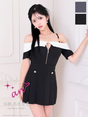 キャバドレス an アン 肩あき 半袖 バイカラー ジップデザイン 飾りボタン フレアミニドレス