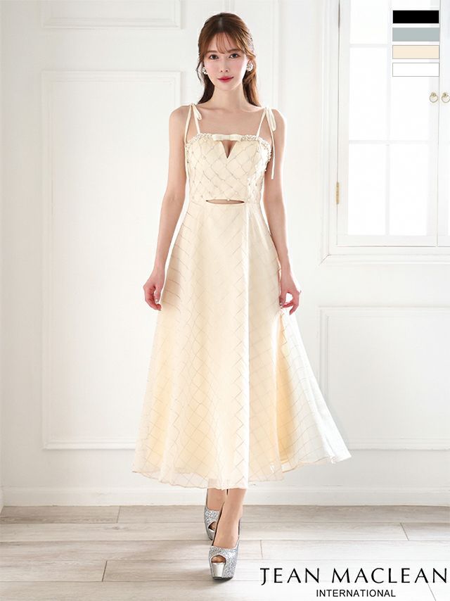 キャバドレス JEANMACLEAN ジャンマクレーン リボン パール ビジュー カットアウト シースルー フレア キャミソール Aラインロングドレス