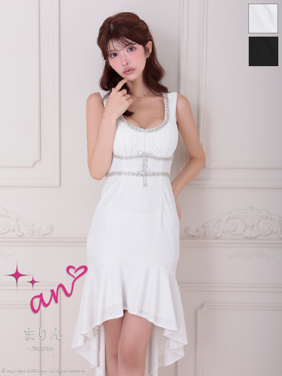 キャバドレス an アン テールカット ビジュー ジップデザイン ラメ リボン ノースリーブ ロングテールドレス