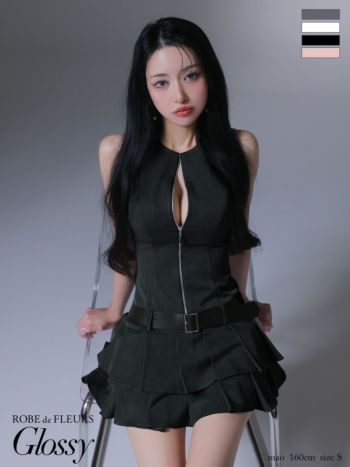 キャバドレス Glossy ROBE de FLEURS グロッシー ローブドフルール ウエストベルト プリーツ ノースリーブ ジップデザイン シンプル フレアミニドレス 