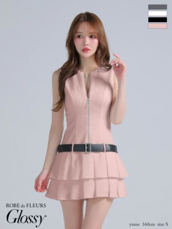キャバドレス Glossy ROBE de FLEURS グロッシー ローブドフルール ノースリーブ ジップデザイン ウエストベルト プリーツ シンプル フレアミニドレス 