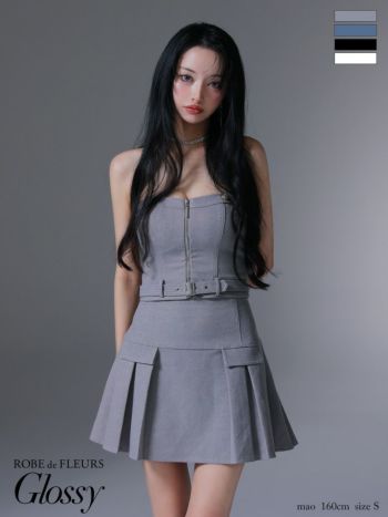 キャバドレス Glossy ROBE de FLEURS グロッシー ローブドフルール キャミソール セットアップ ベア ジップデザイン ウエストベルト プリーツ フレアミニドレス