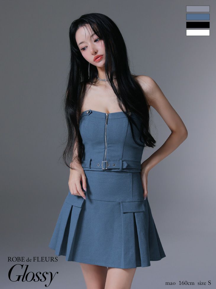 キャバドレス Glossy  ROBE de FLEURS グロッシー ローブドフルール セットアップ キャミソール ベア ウエストベルト ジップデザイン プリーツ フレアミニドレス 