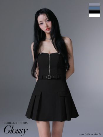 キャバドレス Glossy ROBE de FLEURS グロッシー ローブドフルール ウエストベルト プリーツ キャミソール セットアップ ベア ジップデザイン フレアミニドレス 