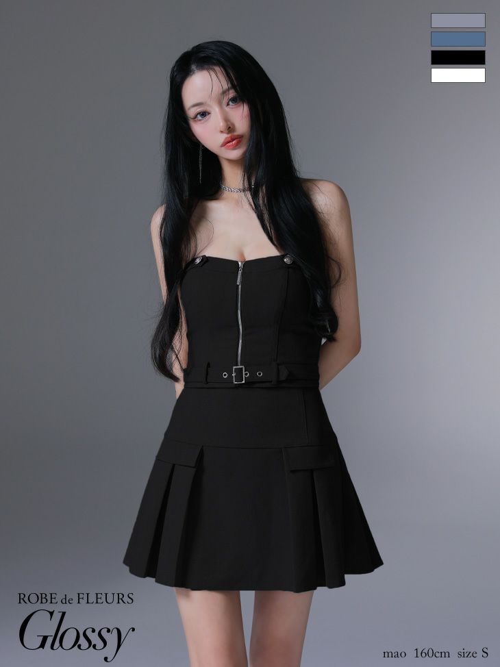 キャバドレス Glossy ROBE de FLEURS グロッシー ローブドフルール ウエストベルト プリーツ キャミソール セットアップ ベア ジップデザイン フレアミニドレス 