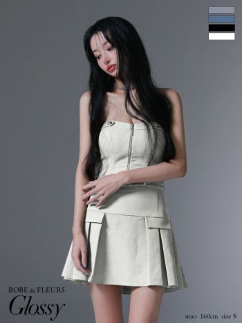 キャバドレス Glossy ROBE de FLEURS グロッシー ローブドフルール ベア ジップデザイン キャミソール セットアップ ウエストベルト プリーツ フレアミニドレス