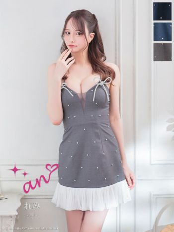 キャバドレス an アン ビジュー キャミソール バイカラー ドット柄 裾フリル リボン バストシースルー フレアミニドレス