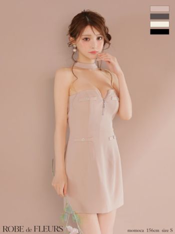 キャバドレス ROBEdeFLEURS ローブドフルール 2way ホルターネック ジップデザイン ネックリボン タイトミニドレス