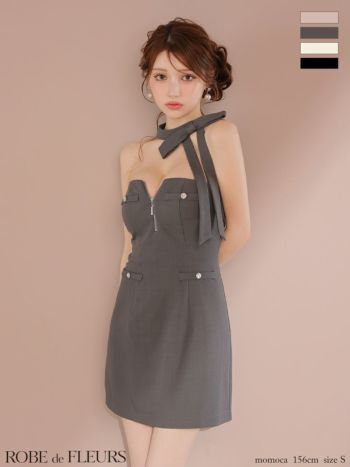 キャバドレス ROBEdeFLEURS ローブドフルール 2way ネックリボン ジップデザイン ホルターネック タイトミニドレス