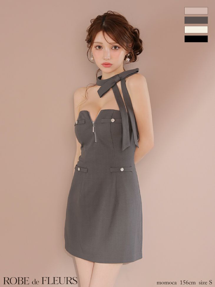 キャバドレス ROBEdeFLEURS ローブドフルール 2way ネックリボン ジップデザイン ホルターネック タイトミニドレス