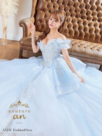 キャバドレス couture an オフショルダー 半袖 フリル リボン 刺繍 ビジュー レースアップ バースデー Aラインロングドレス