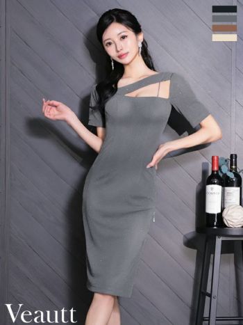 キャバドレス Veautt ヴュート アシメデザイン 袖あり ワンショルダー ラメ ジップデザイン チェーン スリット タイト 膝丈ドレス