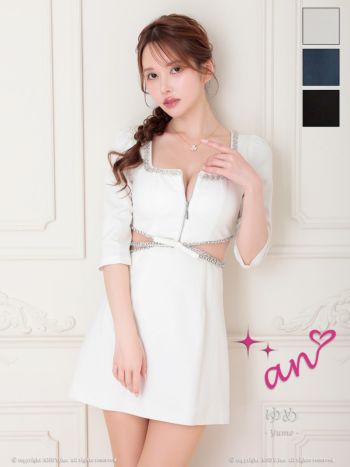 キャバドレス an アン スクエアネック くびれ透け リボン バストジップ ビジュー 袖あり フレアミニドレス