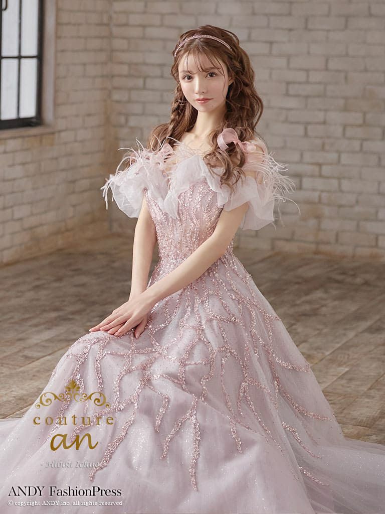 キャバドレス couture an 半袖 オフショルダー フェザー フリル シフォン スパンコール ビジュー バースデー Aラインロングドレス